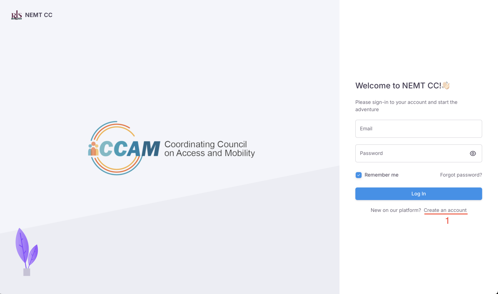 Login page, create an account hyperlink